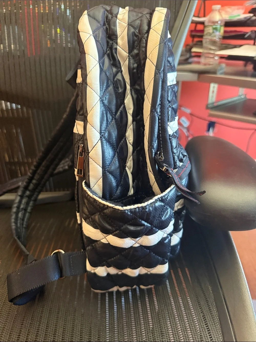 ⁠OLIVER THOMAS Quilted Backpack Black White Stripe Red Lining Washable